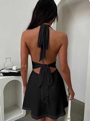 Women's Halter Deep V Neck Flowy Chiffon Bow Tie Backless Summer Mini Dress