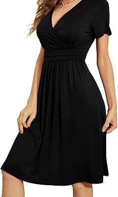 Women Short Sleeve Casual Dresses VNeck Floral Party Dress with Pockets