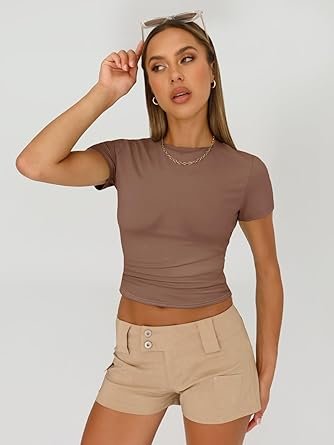 Womens 3 Piece Short Sleeve Shirts Basic Going Out Slim Fitted Crop Tops