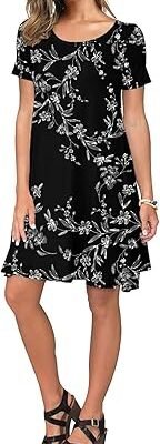 Women Casual Short Sleeve Crew Neck T Shirt Dresses Loose Swing with Pockets