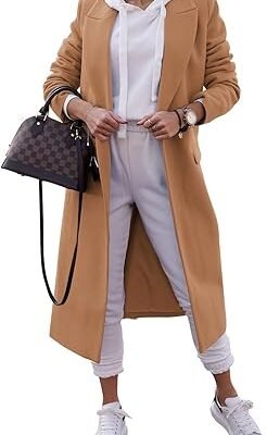 Women Double Breasted Pea  Notched Lapel Collar Blend Long