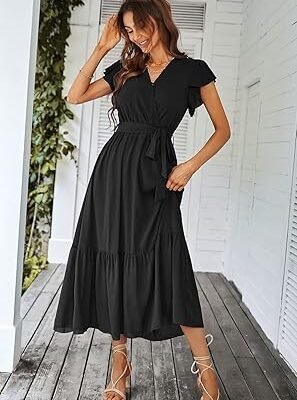 Women Dress Wrap Short Sleeve V Neck Ruffle ALine Flowy Wedding Guest Long Dresses