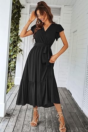 Women Dress Wrap Short Sleeve V Neck Ruffle ALine Flowy Wedding Guest Long Dresses