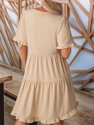 Womens Dresses 2025 V Neck Short Sleeve Casual A Line Flowy Swing Shift Dress Mini Dress