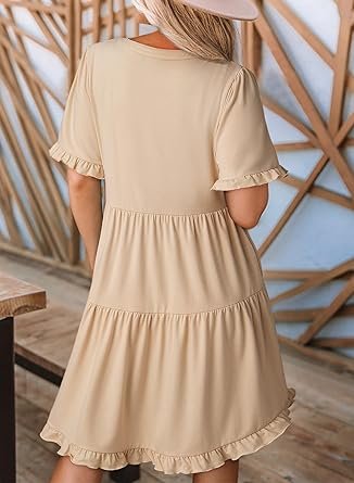 Womens Dresses 2025 V Neck Short Sleeve Casual A Line Flowy Swing Shift Dress Mini Dress