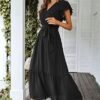 Women Dress Wrap Short Sleeve V Neck Ruffle ALine Flowy Wedding Guest Long Dresses