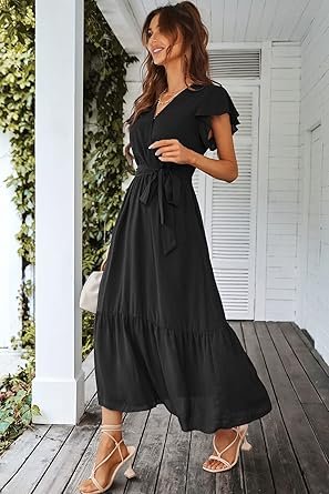 Women Dress Wrap Short Sleeve V Neck Ruffle ALine Flowy Wedding Guest Long Dresses