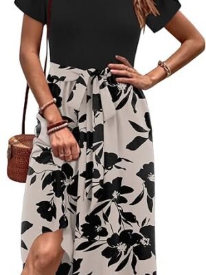 Womens Short Sleeve Dress with Pockets 2025 Casual Floral TShirt Dress Flowy Beach Sundress