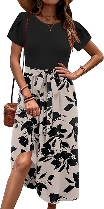 Womens Short Sleeve Dress with Pockets 2025 Casual Floral TShirt Dress Flowy Beach Sundress