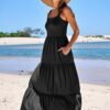 Women Casual Long Maxi Beach Vacation Dresses Sleeveless Square Neck Flowy Tiered Sun Dress with Pockets