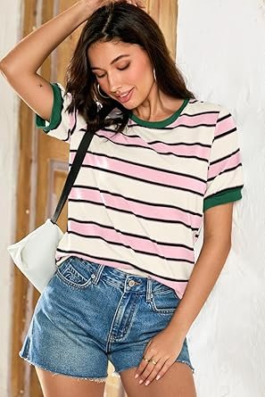 Womens Tops Striped Color Block Short Sleeve TShirts Crewneck Casual Loose Basic Tee Blouses