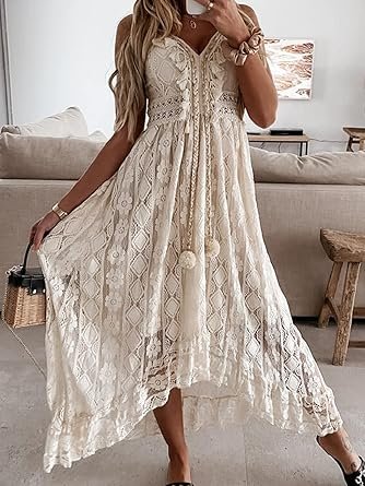 Women Dresses Sleeveless Lace Casual Tassel Beach Spaghetti Straps Flowy Maxi Sun Dress