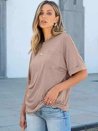 Women Oversized T Shirts Short Sleeve Casual Loose Top Basic Tee with Pocket
