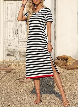 Casual Womens Fashion Short Sleeve Maxi Dress T Shirt Dress Striped Long Color Block Maxi Dress