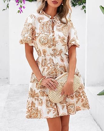 Women Short Dresses V Neck Short Sleeve Tiered Ruffle Boho Swing Dress ALine Mini Dresses