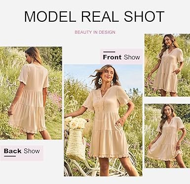 Womens Dresses 2025 V Neck Short Sleeve Casual A Line Flowy Swing Shift Dress Mini Dress