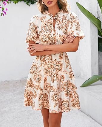 Women Short Dresses V Neck Short Sleeve Tiered Ruffle Boho Swing Dress ALine Mini Dresses