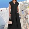 Womens Casual Maxi Dress V Neck Ruffle Sleeve Long Dresses Fashion Flowy Tiered Boho Beach Vacation Sundress