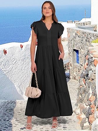 Womens Casual Maxi Dress V Neck Ruffle Sleeve Long Dresses Fashion Flowy Tiered Boho Beach Vacation Sundress