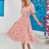 Women Casual Dress Floral V Neck Ruffle Short Sleeve Flowy Beach Dress with Pockets