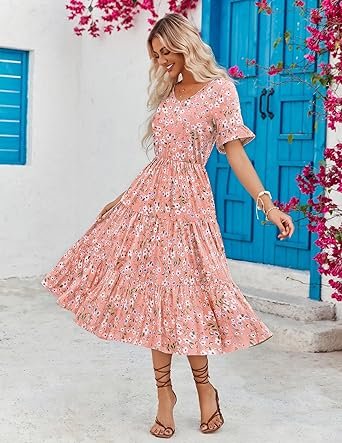 Women Casual Dress Floral V Neck Ruffle Short Sleeve Flowy Beach Dress with Pockets