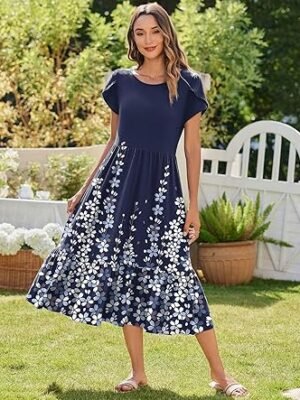Women Dress Short Sleeve Casual Flowy Tiered Beach Long Sundress with Pockets 2025 Vacation Travel