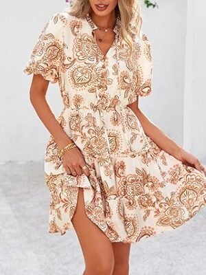 Women Short Dresses V Neck Short Sleeve Tiered Ruffle Boho Swing Dress ALine Mini Dresses