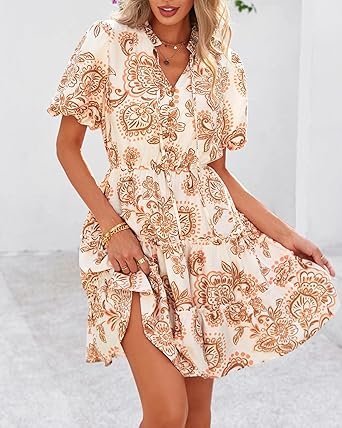 Women Short Dresses V Neck Short Sleeve Tiered Ruffle Boho Swing Dress ALine Mini Dresses