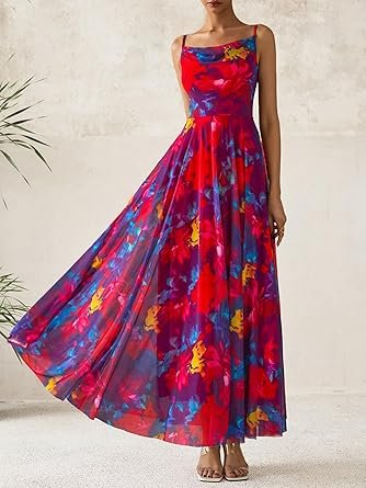 Women Floral Maxi Dresses Elegant Spaghetti Strap Dress Printed Party Dress Beach Long Dresses