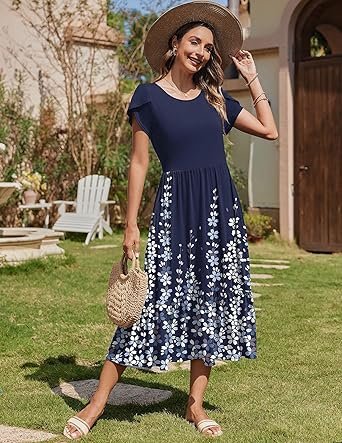Women Dress Short Sleeve Casual Flowy Tiered Beach Long Sundress with Pockets 2025 Vacation Travel